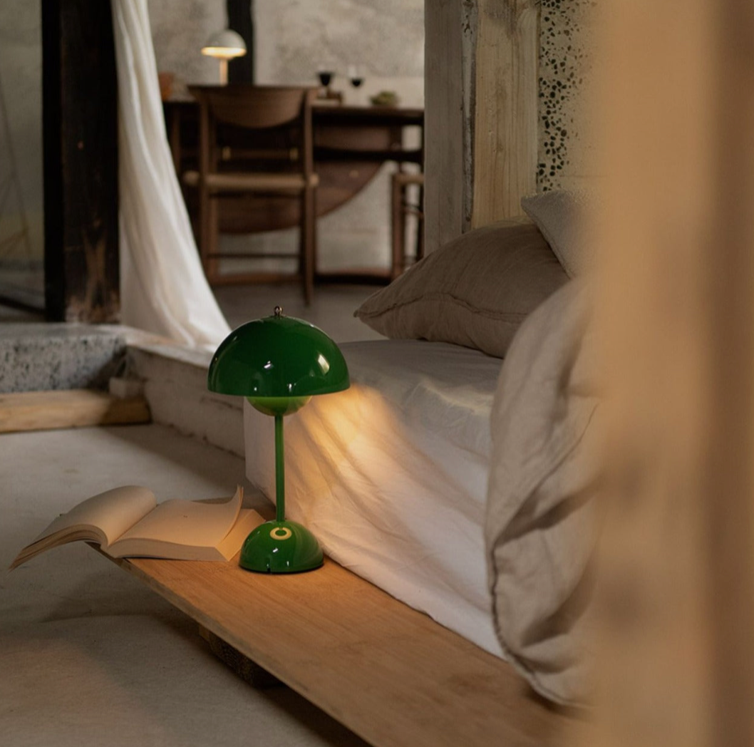 Cordless LED table lamp with unique retro umbrella design