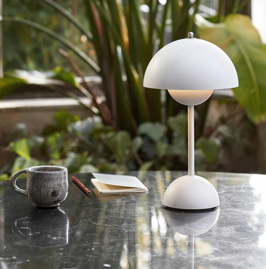 Cordless LED table lamp with unique retro umbrella design